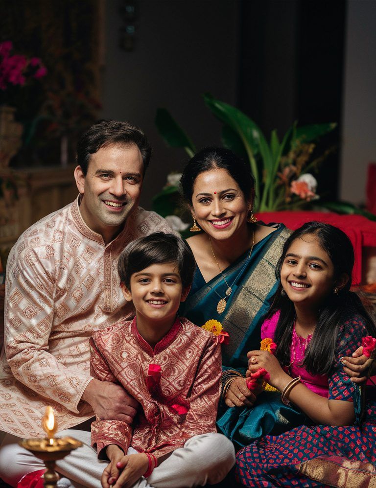A family in festive traditional wear